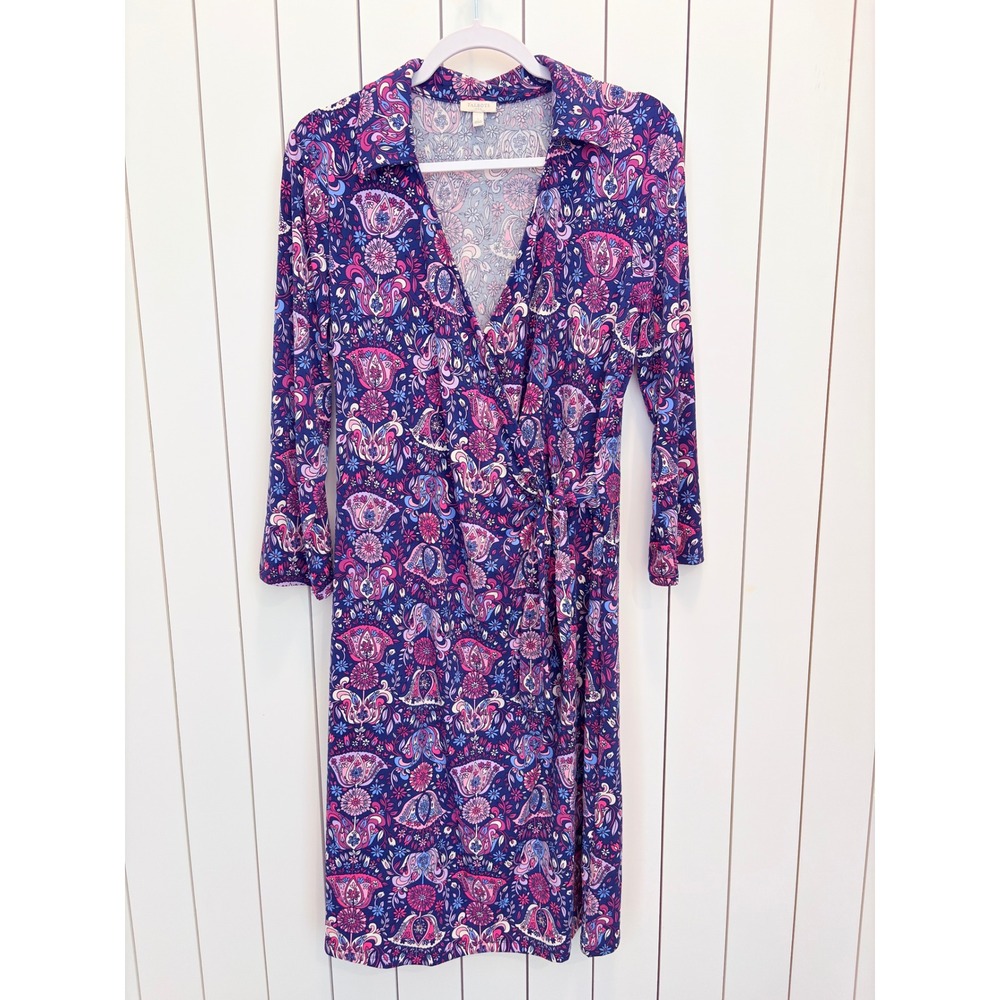Talbots Boho Wrap Dress Women L Purple Floral Paisley Retro Cottagecore